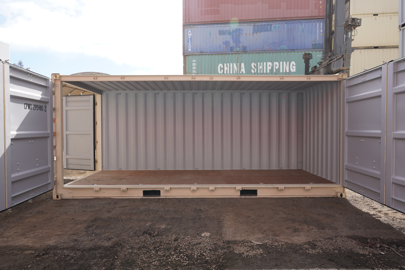 Side opening shipping container with the doors open